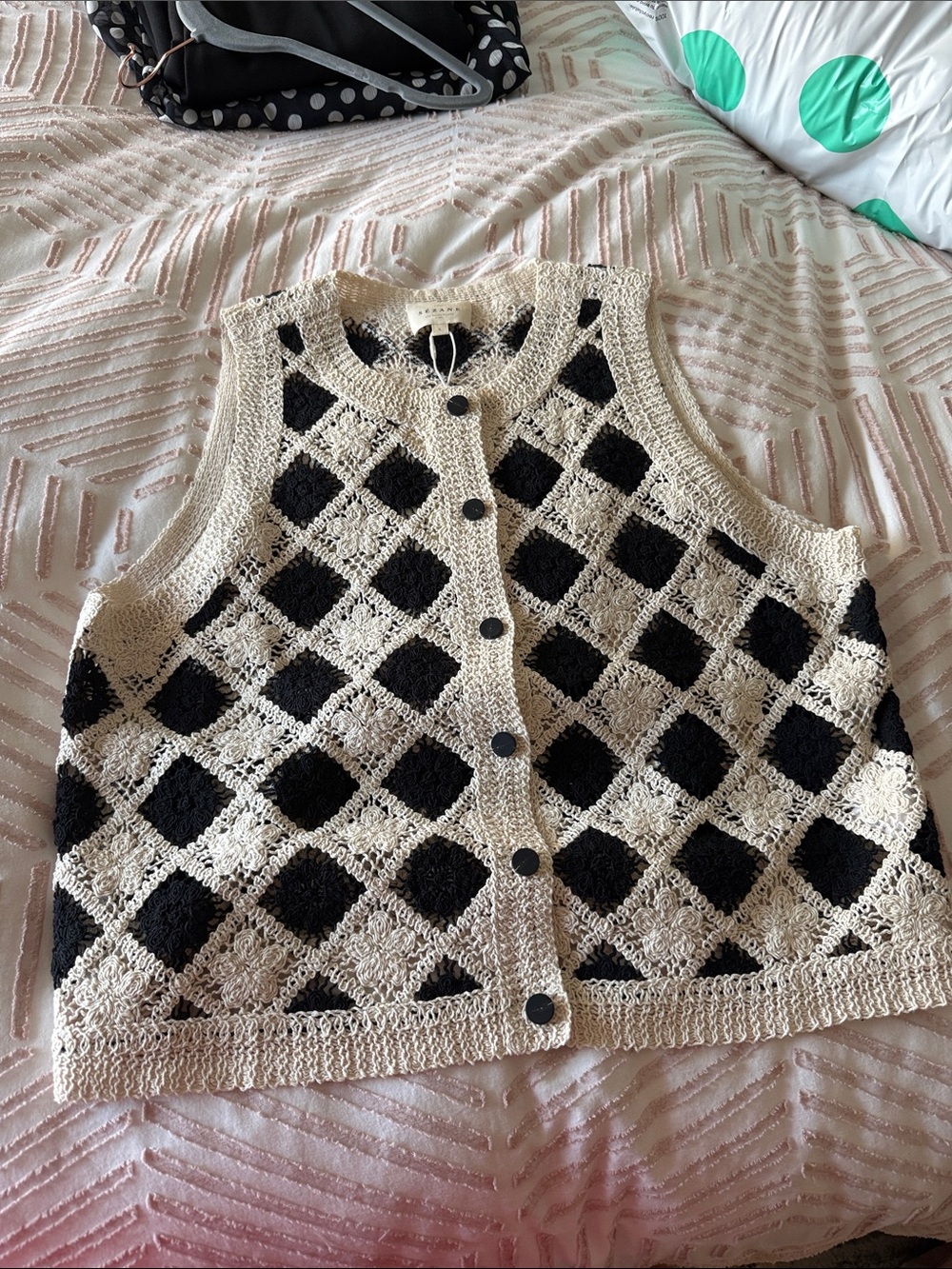 Sezane Ron Top Crochet Diamond-Pattern Button Front Sweater Vest - Cream & Black